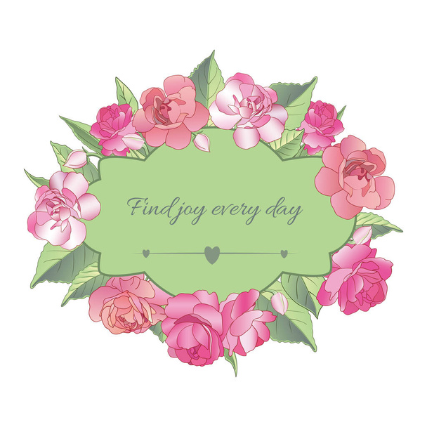 Vector graphic summer green frame with pink balzamin flowers and a quote - Vector, imagen