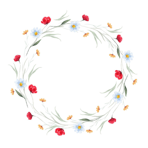 Aquarellkranz mit Wildblumen isoliert auf Weiß. Dekoration für Ihr Design. Perfekt für Gruß- und Hochzeitskarten. - Foto, Bild