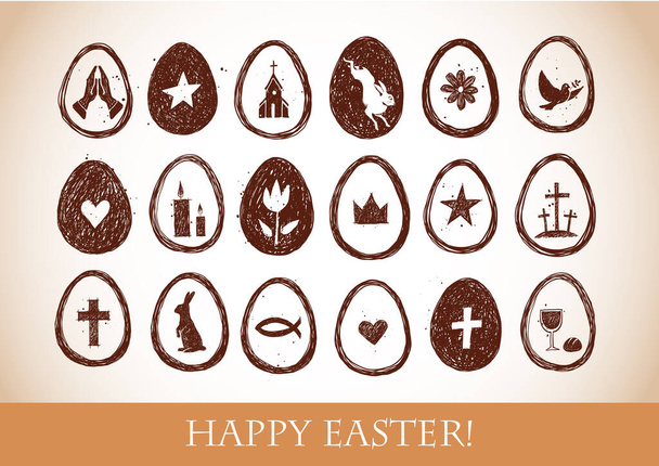 Collection of hand drawn easter doodles. Easter symbols in eggs in vintage style - Vektor, obrázek