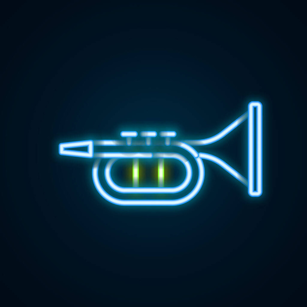 Ragyogó neon vonal trombita ikon elszigetelt fekete háttérrel. Hangszer. Színes vázlat koncepció. Vektor. - Vektor, kép
