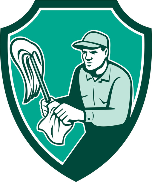 Limpiador de conserje que sostiene el escudo de tela de trapeador Retro
 - Vector, Imagen