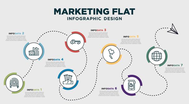 infographic template design with marketing flat icons. timeline concept with 7 options or steps. included fire hose, factory structure, pick up, earthquake, thailand, fire phone, globe grid. can be - Vector, Image