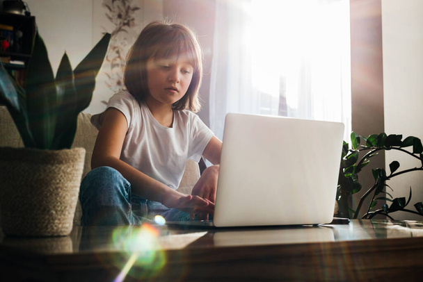 Distance learning. The girl sits at home on the couch and studies using a laptop or makes calls and watches lessons. Children use technology. - Foto, imagen