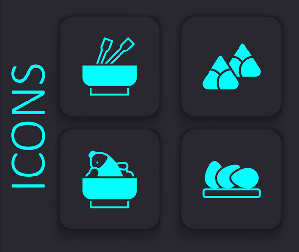 Set Chicken egg Asian noodles in bowl Zongzi bamboo steamer and Rice with fish icon. Black square button. Vector. - Vector, Imagen