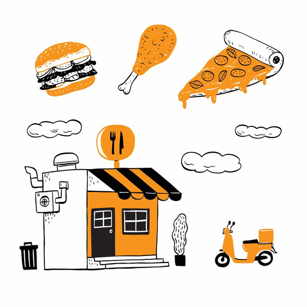 Tiendas y tiendas con tienda, pizza, restaurante hamburguesa, ilustración vectorial dibujado a mano - Vector, Imagen