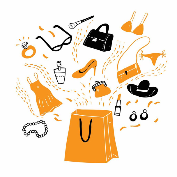 De nombreux types de produits éjectés d'un sac à provisions. Illustration vectorielle dessinée à la main style doodle. - Vecteur, image