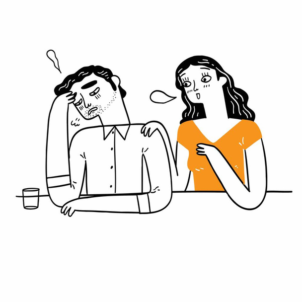 Pretty woman cheering on a man who is sad comforting depression. Hand drawn vector illustration doodle style. - Vektör, Görsel