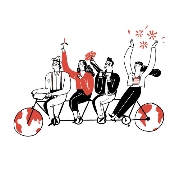 Group of people riding bicycle together. Tandem bicycle teamwork concept illustration. - ベクター画像
