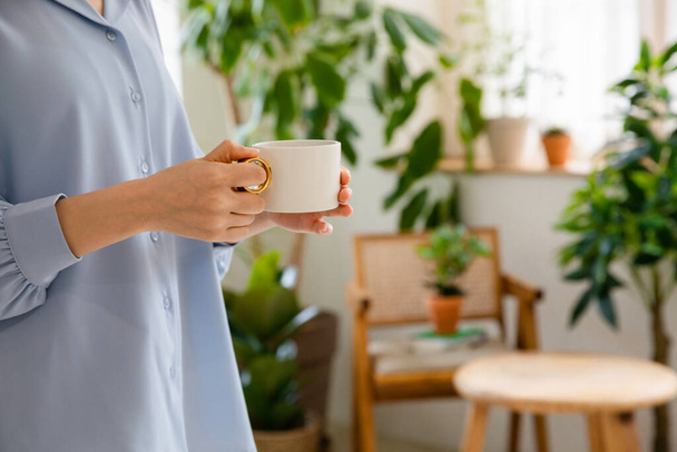 cropped view of woman holding cup of coffee at home - Foto, Imagem