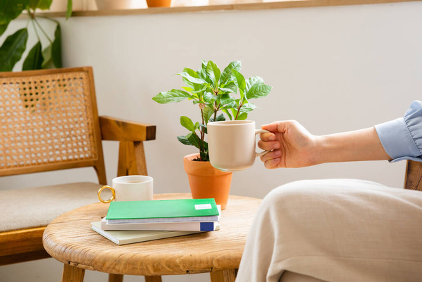 woman holding cup of coffee in living room - Fotó, kép