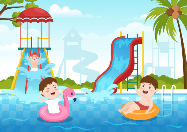 Parque acuático con piscina, diversión, tobogán, palmeras y los niños nadan para la recreación y el patio al aire libre en ilustración plana de la historieta - Vector, imagen