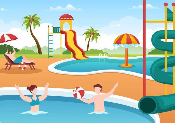 Water Park with Swimming Pool, Amusement, Slide, Palm Trees and the People are Swim for Recreation and Outdoor Playground in Flat Cartoon Illustration - Vektor, Bild