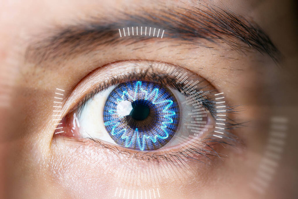 Close up of female eyes Biometric scan eye monitoring. Eye data interface. - Foto, Imagem