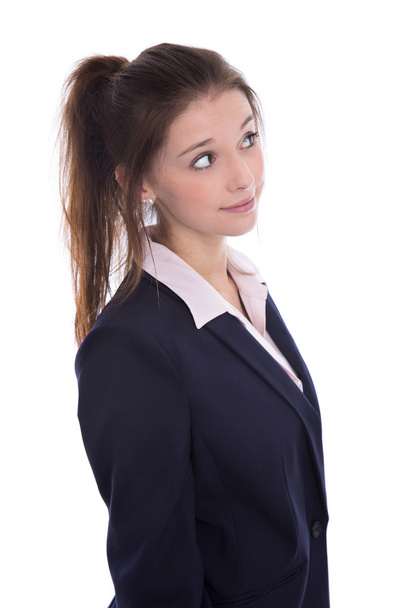 Young isolated pretty pensive businesswoman thinking about her f - Photo, Image