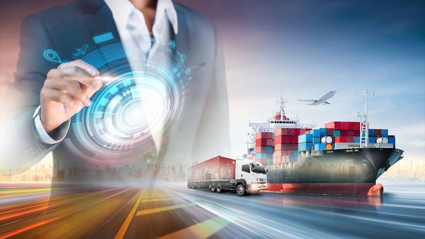 Έξυπνη εφοδιαστική και μεταφορά έννοια των εισαγωγών εξαγωγής, Global Business logistic δίκτυο διανομής εμπορευματικών πλοίων, εμπορευματικών αεροπλάνων, εμπορευματικών αμαξοστοιχιών, εμπορευματοκιβωτίων φορτηγών σε βιομηχανικό λιμένα υποβάθρου - Φωτογραφία, εικόνα