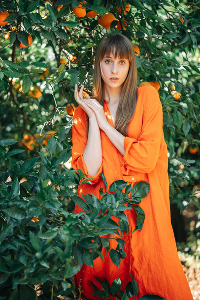 Beautiful girl in orange dress is looking at camera by holding hands together up in orange garden  - Foto, Bild