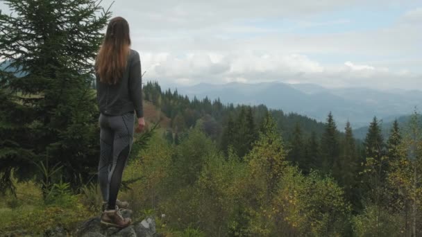 Long-red-haired young woman, standing on peak overlooking mountains and green forest, throws her arms out to the side from beauty nature. Cloudy, back view, copy space. High quality 4k footage - Video