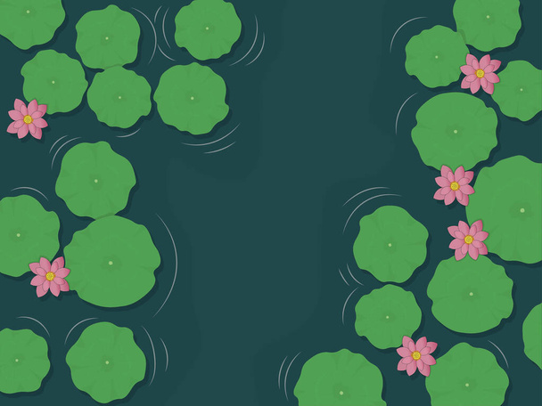 Lotus pond with leaves and pink flowers view from top vector illustration - Vector, afbeelding
