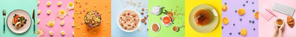 Collage of tasty breakfasts on color background, top view - Fotó, kép
