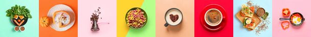 Коллаж вкусных завтраков на цветном фоне, вид сверху - Фото, изображение