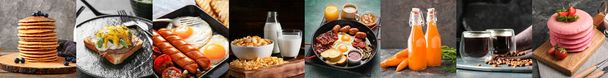 Set of tasty breakfasts on dark background - Valokuva, kuva