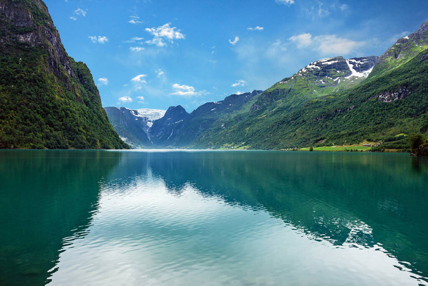 Norway mountain lake Oldenvatnet with the glacier Briksdal - 写真・画像