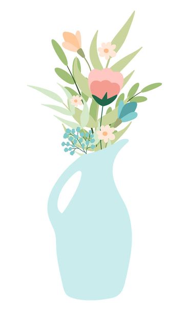 Spring flowers in vase composition isolated on white background. Drawing design element for postcard, brochures, invitation template . Vector illustration - Vector, Imagen