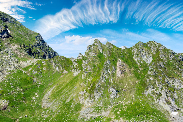 fagaras mountain ridge. beautiful summer landscape of romania. sunny morning. green rocky cliffs. beautiful nature background - Fotoğraf, Görsel