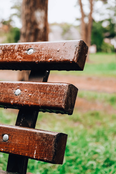 Wet bench in the park in the rain. Rainy weather. Wooden chair in the rain. Wet urban furniture. Rain drops on wooden bench. Park autumn concept - 写真・画像