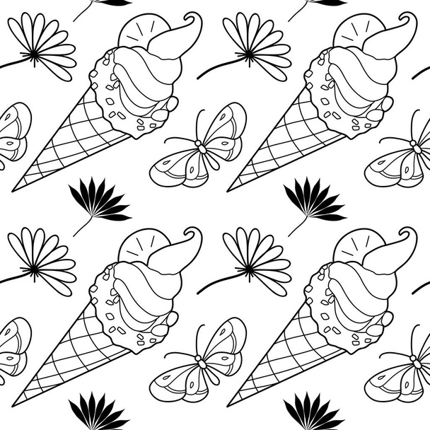бесшовный контур, набор летних сладостей - рожок мороженого, бабочка - Вектор,изображение
