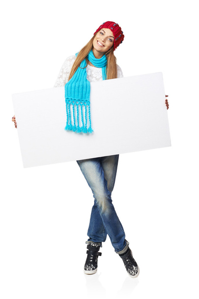 Winter woman with white banner - Foto, imagen