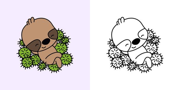 Set Clipart Sloth Multicolored and Black and White. Kawaii Clip Art Sloth. Vector Illustration of a Kawaii Animal for Prints for Clothes, Stickers, Baby Shower, Coloring Pages.  - Vector, Image