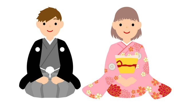 Menino e menina em Kimono (Montsuki Hakama e Furisode) Sentado Seiza para cumprimentar o Ano Novo - Vetor, Imagem