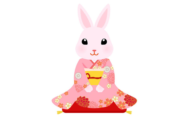 Rabbit girl greeting the New Year in the year of the Rabbit, 2023, seated in kimono (furisode) - Vector, Imagen