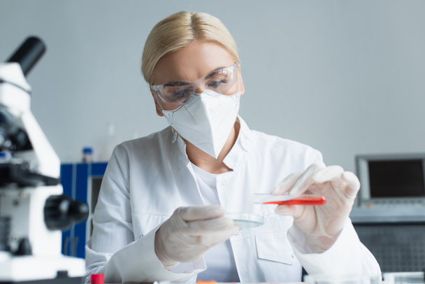 Vědec v brýlích a latexových rukavicích drží zkumavku a Petriho misku v blízkosti rozmazaného mikroskopu v laboratoři  - Fotografie, Obrázek