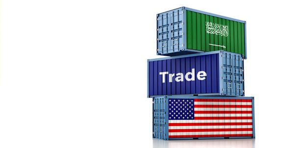 Cargo containers with USA and Saudi Arabia national flags. 3D Rendering - Фото, зображення