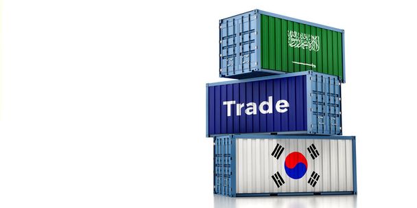 Cargo containers with South Korea and Saudi Arabia national flags. 3D Rendering - Foto, Imagem
