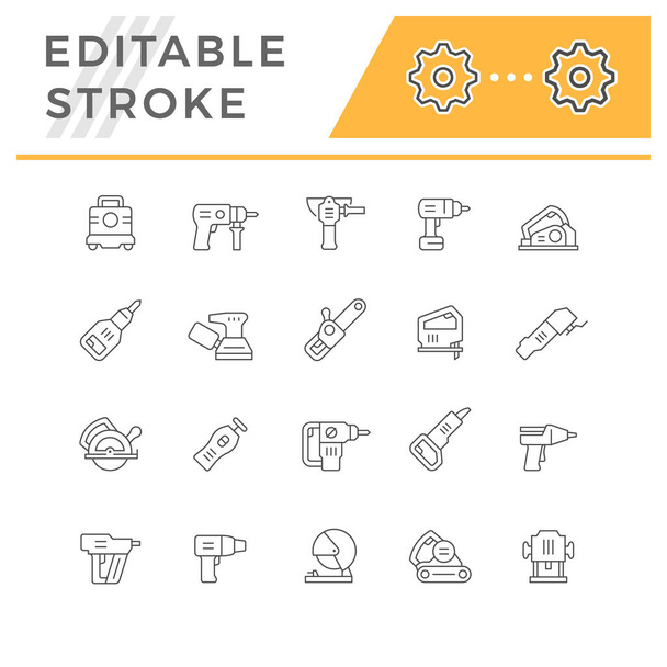 Set line icons of power tool isolated on white. Screwdriver, sander, vacuum shop, drill or perforator, angle grinder, circular and chop saw. Editable stroke. Vector illustration - Vektori, kuva