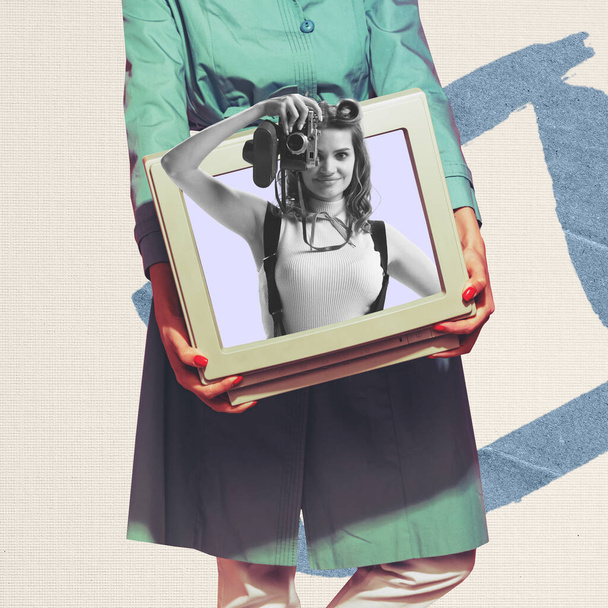 Contemporary art collage. Stylish girl sticking out retro computer screen and making photo with vintage photo camera. Concept of creativity, media influence. Copy space for ad. Retro design - Fotoğraf, Görsel