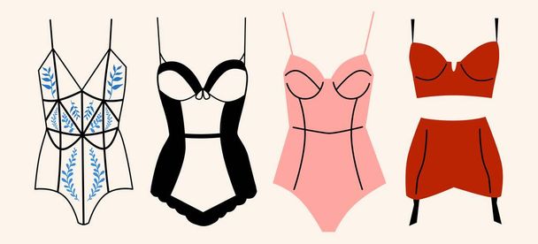 A large set of lingerie with lace and velvet. Fashionable handmade underwear. - Vector, afbeelding
