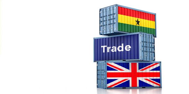 Frachtcontainer mit britischen und ghanaischen Nationalflaggen. 3D-Rendering - Foto, Bild