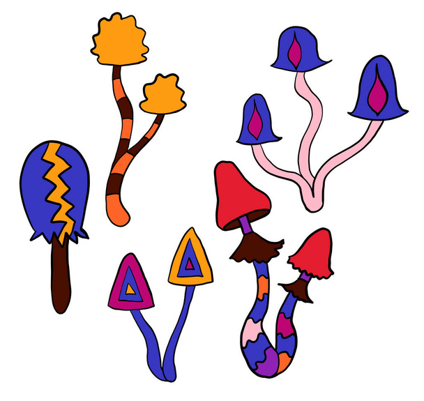 Ilustración de clipart dibujado a mano con hongos hippie groovy en colores naranja púrpura azul rojo. Estilo de la década de 1960 retro vintage, trippy salvaje brillante fondo con elementos hipnóticos alucinación - Foto, Imagen