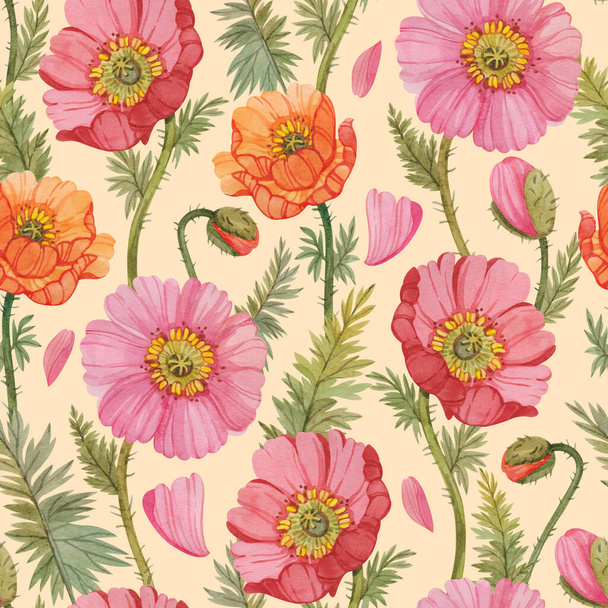 Seamless pattern with colorful watercolor poppies. Floral print with poppies on a light yellow background. - Photo, Image