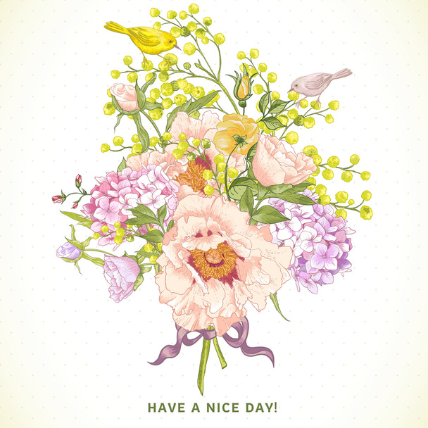 Lente bloemen boeket met vogels, Greeting Card - Vector, afbeelding