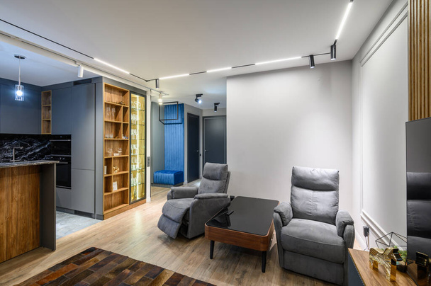 Ylellinen olohuone harmaa keittiö studio huoneisto sisustus - Valokuva, kuva