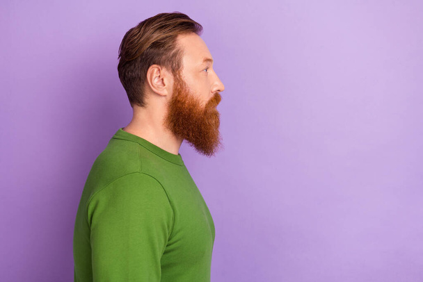 Profile side portrait of handsome attractive macho man looking blank space visit barber isolated on violet color background. - Foto, Imagem