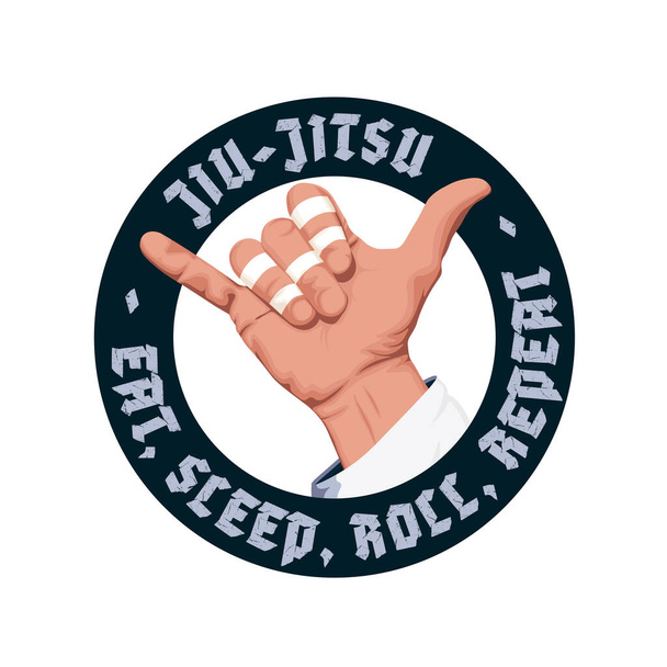 Realistic Shaka hand Bjj logo badge. Eat, sleep, roll, repeat. Hand with tapes illustration for Brazilian jiu-jitsu. - Vector, Imagen