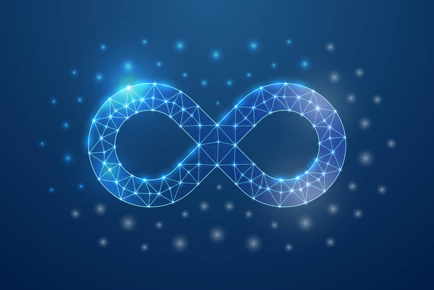 Infinity 3d symbol with connected dots in blue low poly style. Forever, unlimited design concept illustration. Endlessness polygonal wireframe isolated on blue background. - ベクター画像