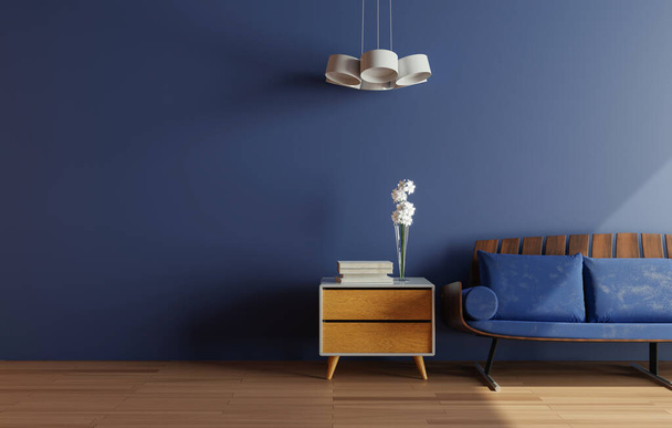 Макетна стіна з диваном у вітальні з синьою прогулянкою
 - Фото, зображення