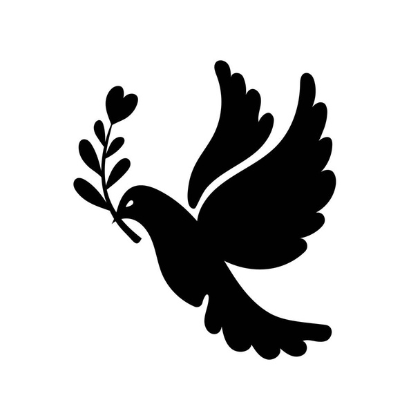 Black pigeon silhouette, dove of peace with olive branch. Russian Ukrainian military conflict symbol sign. Pray for Ukraine. Vector hand drawn illustration for world peace. - Vetor, Imagem